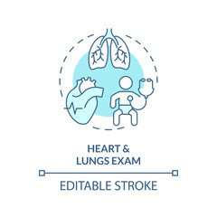 Heart and lung exam turquoise concept icon. Cardiac rhythm. Pulse rate. Breathing system. Newborn healthcare abstract idea thin line illustration. Isolated outline drawing. Editable stroke