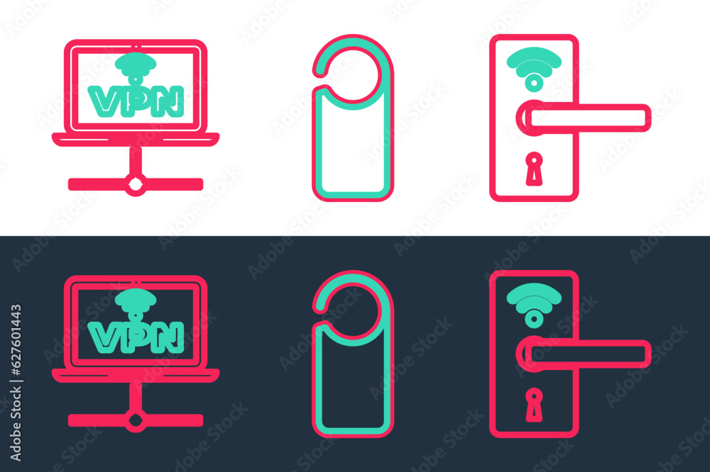 Poster set line digital door lock with wireless, vpn computer network and please not disturb icon. vector