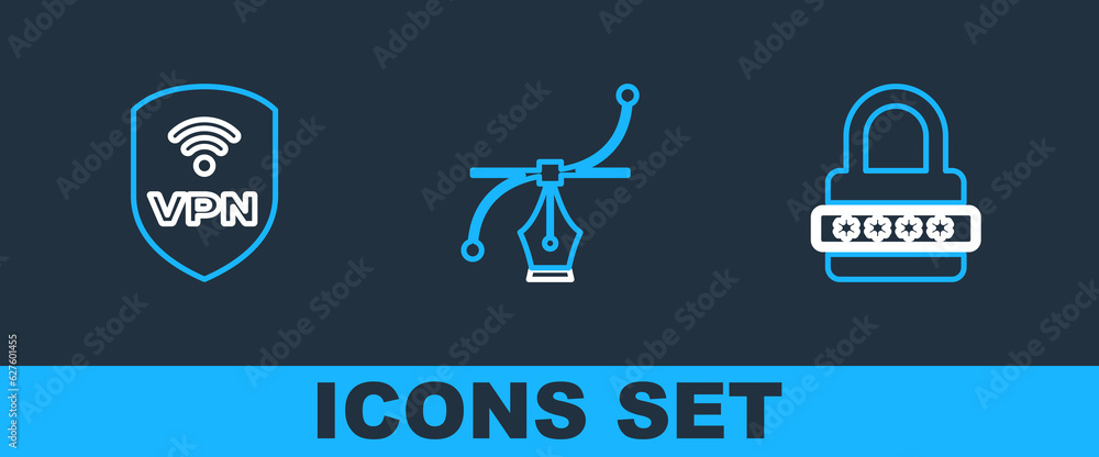 Aufkleber set line password protection, shield with vpn wireless and bezier curve icon. vector