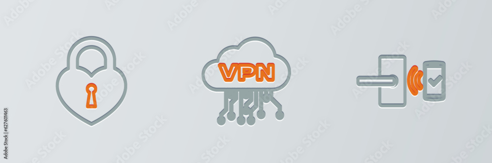 Poster set line digital door lock with wireless, castle in the shape of heart and cloud vpn interface icon.