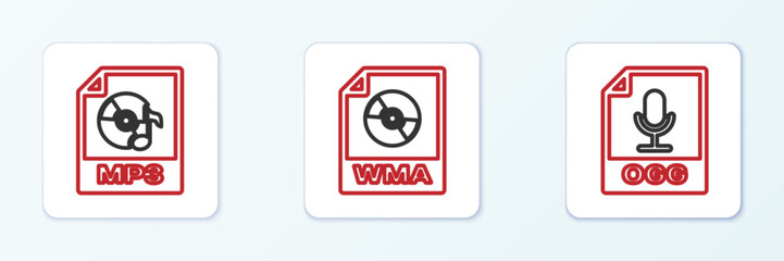 Set line OGG file document, MP3 and WMA icon. Vector