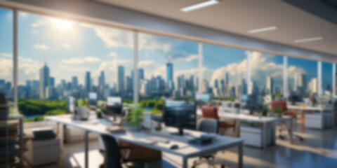 Blurred workplace with cityscape, office in morning or afternoon, interior for AI generated business presentation background