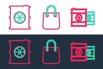 Set line Radioactive waste in barrel, and Shopping bag icon. Vector