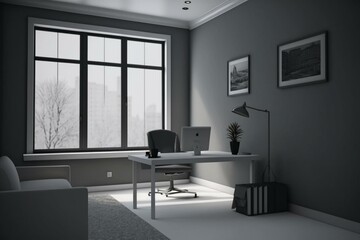 Fototapeta na wymiar A gray office interior with desk, lounge, window, and empty wall. Generative AI