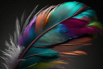 Close-up colorful feather on gray background with blurred backgrounds. Keywords: feather, colorful, gray, background, blurry, close-up, bird, nature, detail, texture. Generative AI