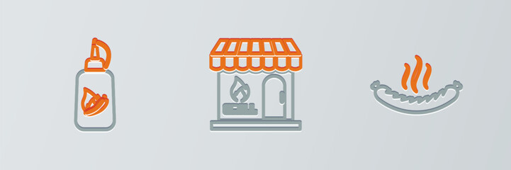 Obraz premium Set line Sausage, Ketchup bottle and Barbecue shopping building icon. Vector