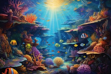 Fototapeta na wymiar Breathtaking underwater scene with marine life, coral reef and colorful fish. Generative AI