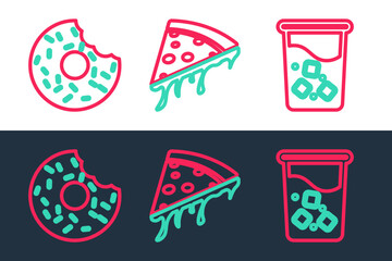 Set line Glass with water, Donut and Slice of pizza icon. Vector