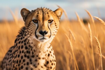Cheetah (Acinonyx jubatus) stands in long grass in savannah. Generative AI