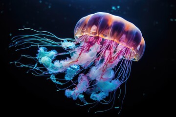 Glowing jellyfish in the sea. Generative AI