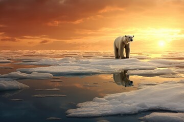 Polar bear on melting ice floe in arctic sea, digital ai.