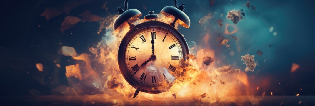 Alarm clock on fire. Generative AI