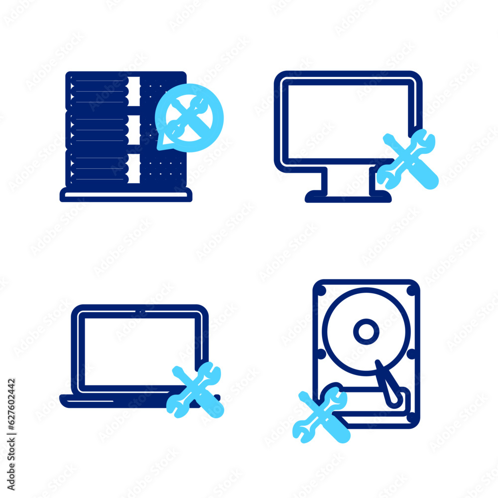 Poster set line hard disk drive service, laptop, computer monitor and database server icon. vector
