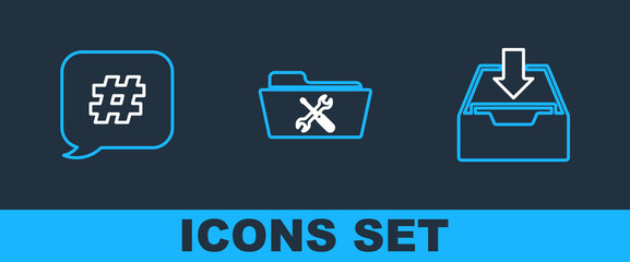 Set line Download inbox, Hashtag speech bubble and Folder service icon. Vector