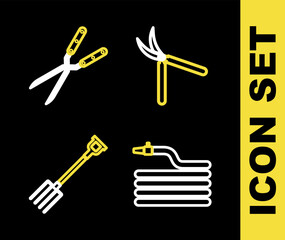 Set line Gardening handmade scissor, hose fire hose, pitchfork and icon. Vector