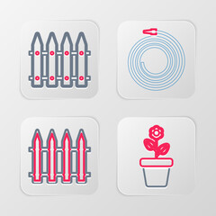 Set line Flower in pot, Garden fence, hose or fire hose and icon. Vector