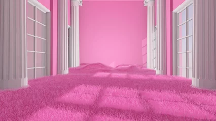 Fotobehang Fluor Roze Meadow in the room. 3D illustration, 3D rendering    © wichuda