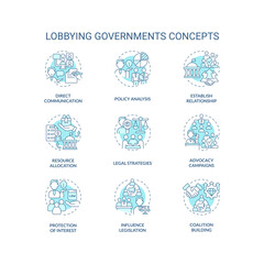 Editable blue icons set representing lobbying government concepts, isolated vector, thin line colorful illustration.