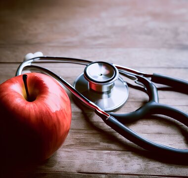 Stethoscope and red apple with heart shape on wood table Generative AI