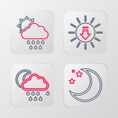 Set line Moon and stars, Cloud with rain moon, Sunset and sun icon. Vector
