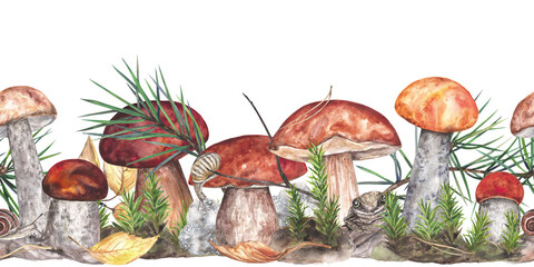 Composition of forest mushrooms, leaves, pine branches. Seamless border, banner Watercolor illustration isolated on transparent background © Marina