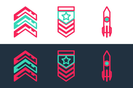 Set line Nuclear rocket, Military rank and Chevron icon. Vector