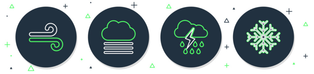 Set line Fog and cloud, Cloud with rain lightning, Wind and Snowflake icon. Vector