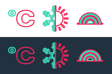 Set line Rainbow, Celsius and Sun and snowflake icon. Vector