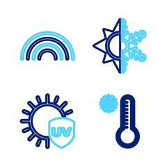 Set line Meteorology thermometer, UV protection, Sun and snowflake and Rainbow icon. Vector