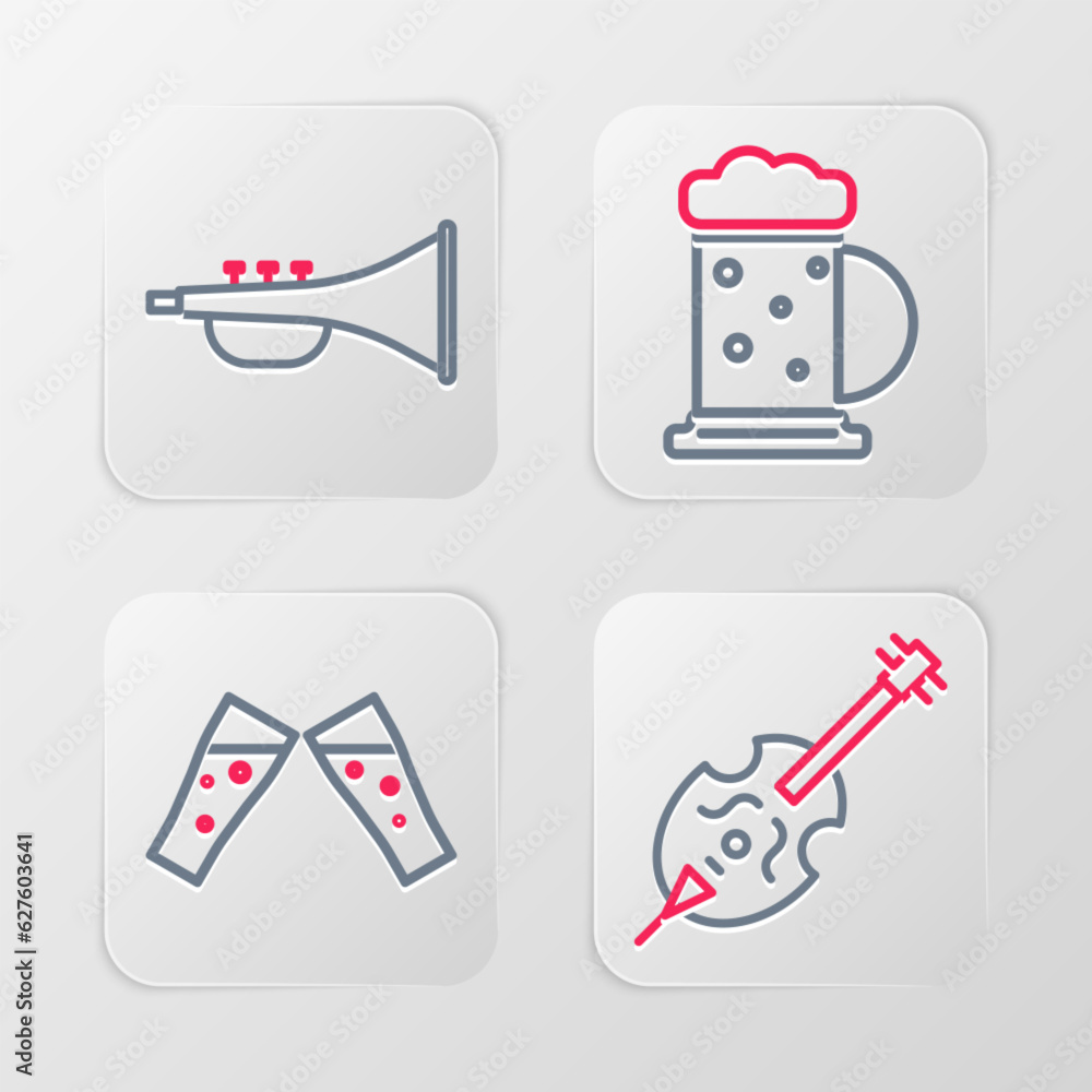 Sticker set line violin, glass of beer, wooden mug and musical instrument trumpet icon. vector