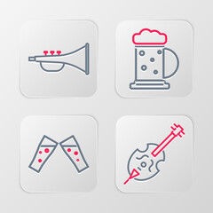 Set line Violin, Glass of beer, Wooden mug and Musical instrument trumpet icon. Vector