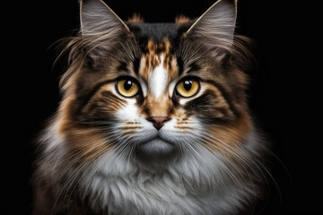 Fototapeta premium Beautiful cat portrait from the front on a black background. Created with generative AI technology