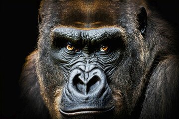 Face of a gorilla close-up on a black background. Generative AI - obrazy, fototapety, plakaty