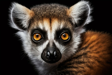 lemur head close-up on black background . Generative AI - obrazy, fototapety, plakaty