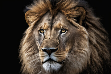 Fototapeta na wymiar lion head close-up on black background. Generative AI