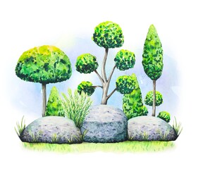 Hand drawn watercolor landscape illustration with green bushes, trees, stones