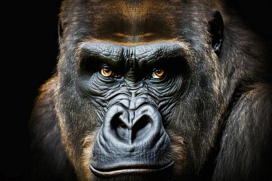 Face of a gorilla close-up on a black background. Generative AI