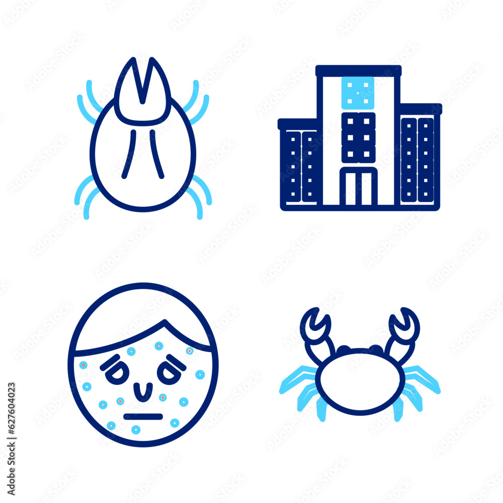 Poster set line crab, face with psoriasis or eczema, medical hospital building and parasite mite icon. vect