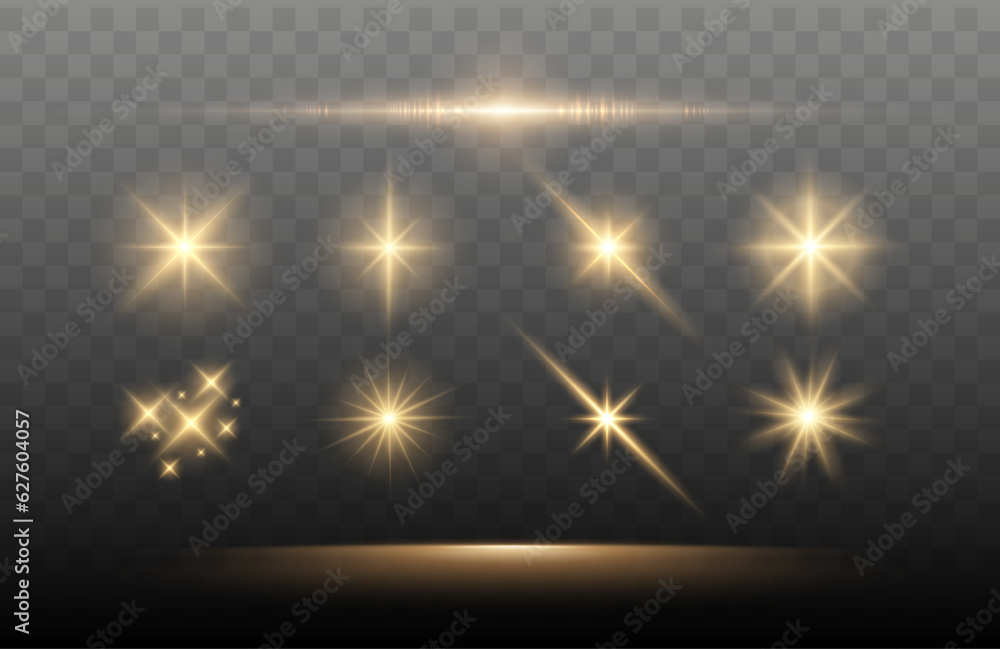 Wall mural set of shine glowing stars. vector golden sparks isolated.