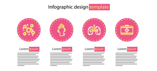 Set line Lungs, First aid kit, Hand with psoriasis or eczema and Bacteria icon. Vector
