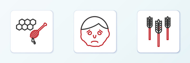 Set line Wheat, Honeycomb with honey dipper and Inflammation face icon. Vector