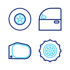 Set line Car wheel, mirror, door and brake disk icon. Vector