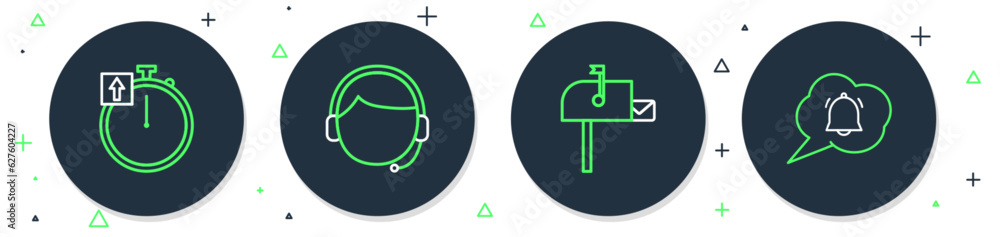 Poster set line man with a headset, open mail box, stopwatch and speech bubble chat notification icon. vect
