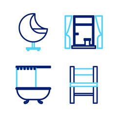 Set line Chair, Bathtub with shower curtain, Window curtains and Armchair icon. Vector