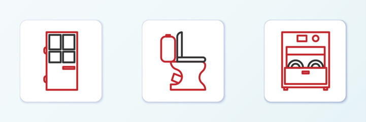 Set line Kitchen dishwasher machine, Closed door and Toilet bowl icon. Vector