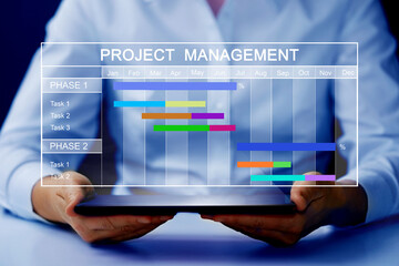  Project management timeline, schedule, tag cloud concept. Business, Technology, Internet and network concept background.