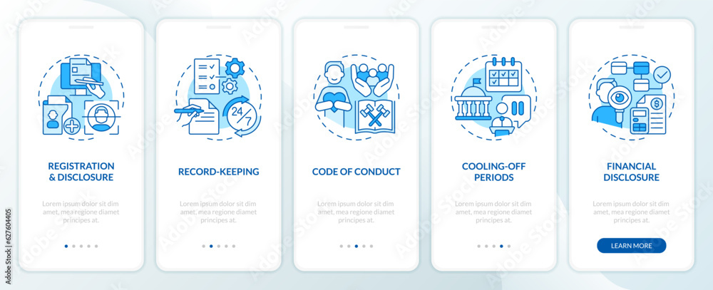 Poster 2d thin line icons representing lobbying government mobile app screen set. 5 steps graphic instructi