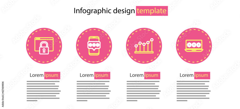 Poster set line pie chart infographic, laptop with password, mobile and and secure your site https, ssl ico