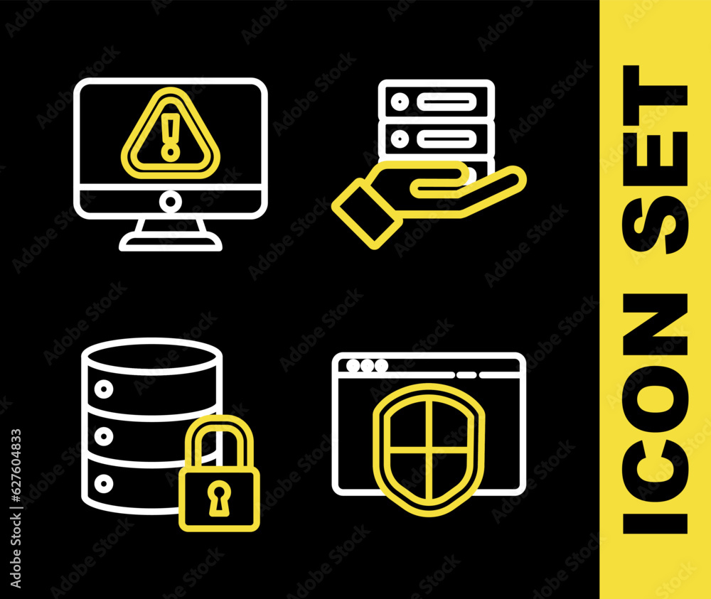 Poster set line server, data, web hosting, browser with shield, security lock and monitor exclamation mark 