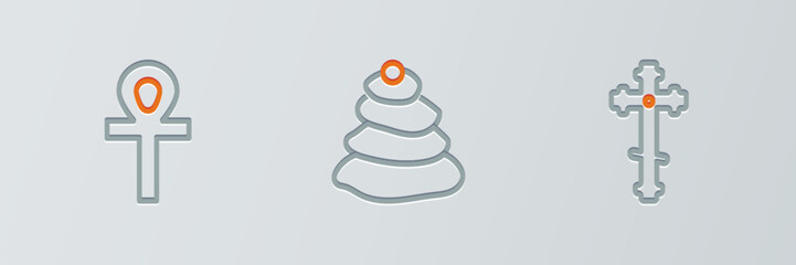 Set line Christian cross, Cross ankh and Stack hot stones icon. Vector